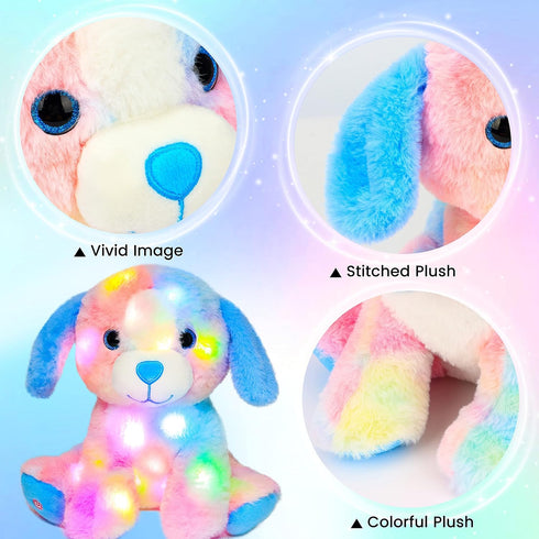 10.5'' Hopearl Colorful LED Plush Puppy Lighting Up Dog Stuffed Animal Floppy Pup Night Lights Glow in The Dark