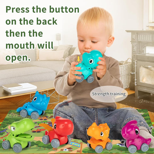 ALASOU 6 PCS Dinosaur Truck Car Toys with Playmat/Storage Bag, Baby Toys for 1-3 Year Old Boys, Birthday Gift