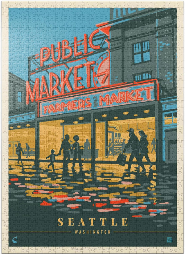 MyPuzzle USA-Seattle, WA: Vintage Poster Morning at The Market - Premium 1000 Piece Jigsaw Puzzle for Adults