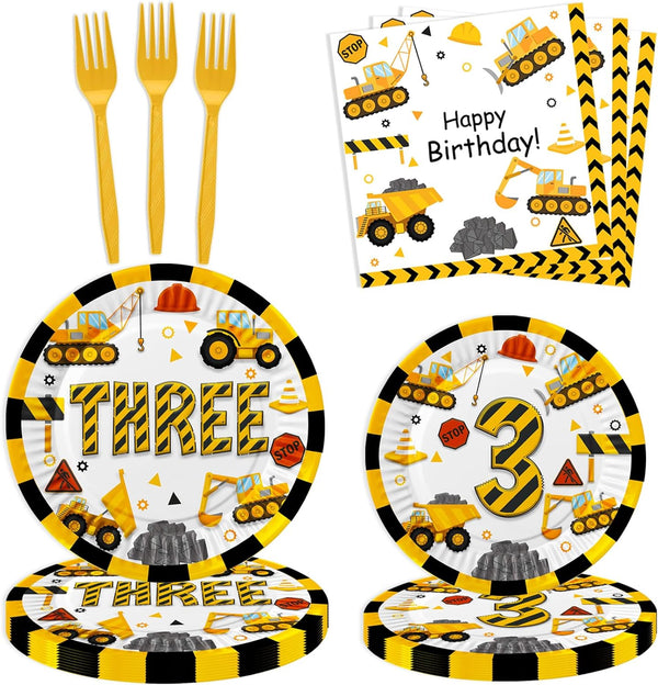 Letromp 80 Pcs Construction 3rd Birthday Decorations Construction Three Years Old Disposable