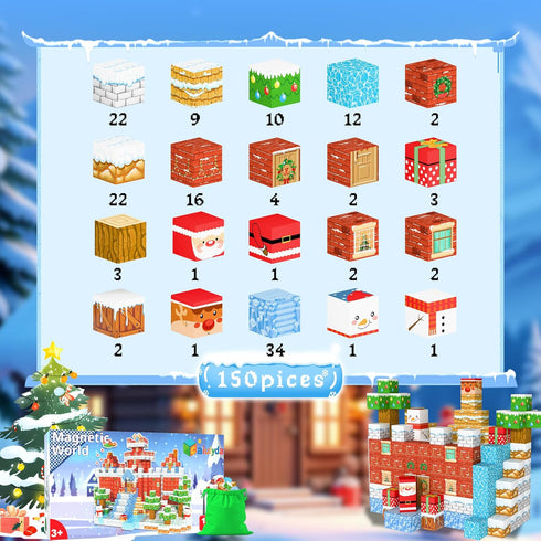 Nurcazo 150PCS Set 3+ Magnetic Building Blocks for Kids, Snow Winter Village Magnetic Cubes, STEM Construction Toys