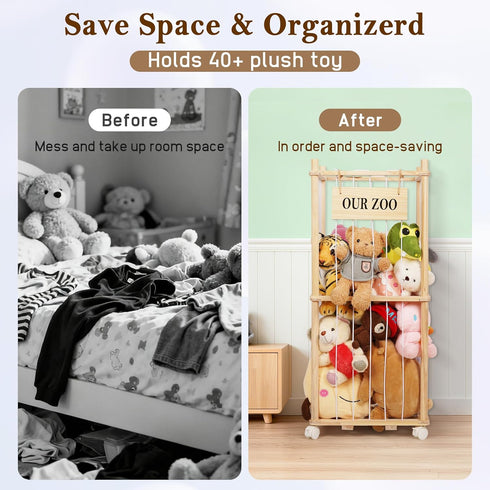 5-Row Edudif Stuffed Animal Storage Zoo, Wooden Stuffed Animal Organizer with Removable Wheels & Elastic Cords