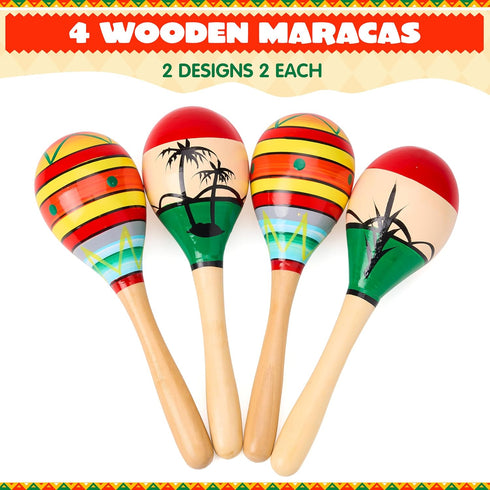 JOYIN 4 PCS Wooden Maracas for Kids, 7.6" Musical Rattle Noisemaker for Fiesta Party Favors