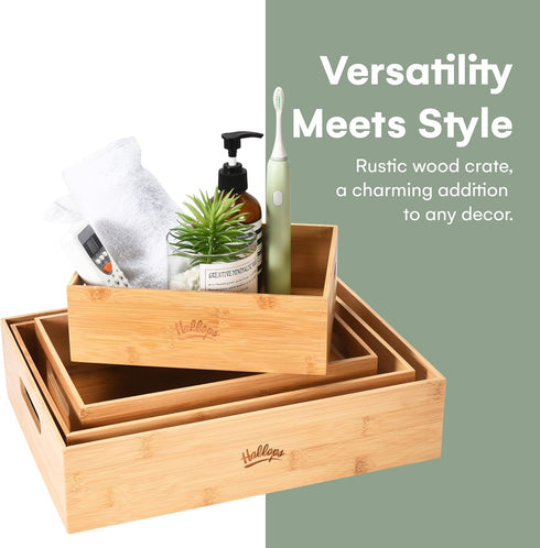 Hallops Large Wooden Crate Set - Portable Antique Wood Nesting Crates for Storage and Rustic Decor (15.74"L x 11.81"W x