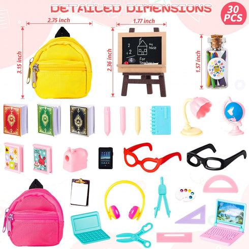 FFNIU 30Pcs Backpack Set Mini School Supplies, Doll School Supplies Includes Mini Doll Laptops Glasses Blackboard Book