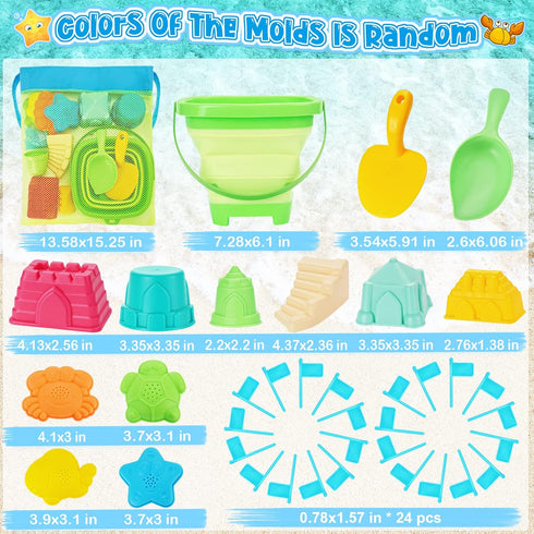 Set 3-10 RACPNEL Collapsible Beach Toys for Kids, Foldable Sand Bucket and Shovels with Mesh Bag, Sand Castle Building