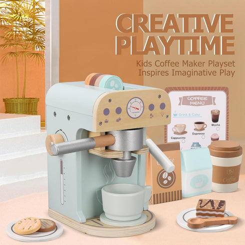 Pithfor Kids Wooden Coffee Maker Toy, Wooden Play Kitchen Appliances & Accessories Toy for Kids Toddlers, Gift