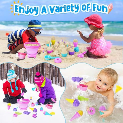 Ice Cream Beach Toys Sand Toys Set for Kids, Collapsible Sand Bucket and Shovels Set with Mesh Bag, Sandbox Toys for