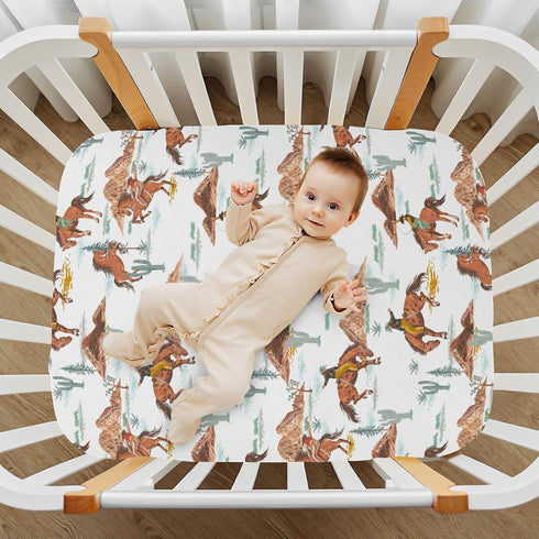 CHUROUSY 28x52 Inch Western Cowboys Crib Sheets for Boys Girl Vintage Desert Cactus Cowboy Wildlife Fitted Mattress