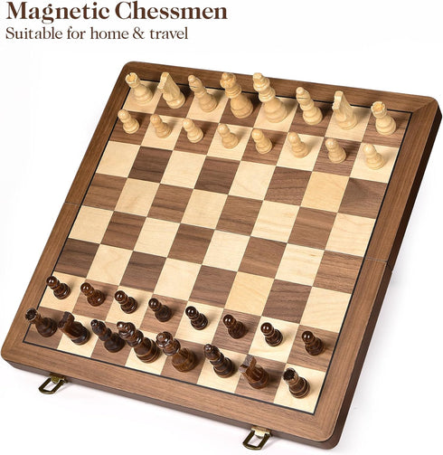 15" Set ELONGDI Wooden Chess with Magnetic Pieces - Extra Queens - Folding Chessboard Portable Travel Tournament Chess