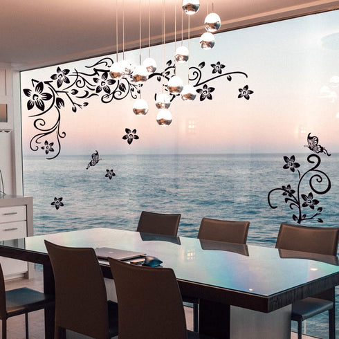 LiveGallery Removable Black Vinyl Flowers Wall Decals, DIY Flower Vines and Butterfly Stickers for Home Decor