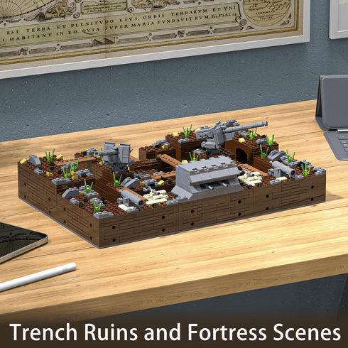 WW2 Military Base Bunker Trench Building Blocks (1350 Pcs), Including Fortresses and Anti-Aircraft Guns for Kids