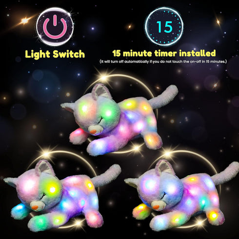 Hopearl LED Plush Cat with 3 Baby Kittens, Stuffed Animal Playset Night Lights Glow in The Dark for Kids.