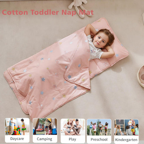 DuShow Cotton Toddler Nap Mat with Pillow and Blanket,Extra Large Rolled Napping Mats,Slumber Bags for Boys Girls,Kids
