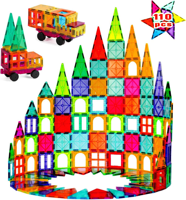 Magnetic Tiles Toy with 2 Cars - 110 Pcs 3D Magnet Building Blocks Set for Kids STEM Educational Toys for Ages 3-8