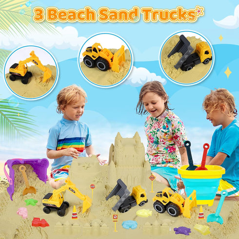 Eiranss 31Pcs Set 3 2 2 Summer 3-10 Beach Sand Toys for Kids - Sandbox Toy with Trucks, Collapsible Buckets, Castle