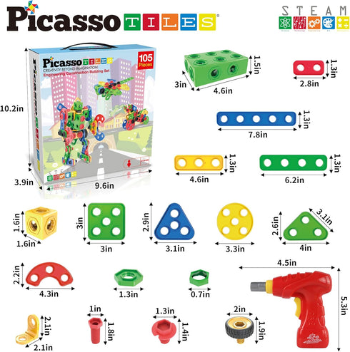Picasso Toys STEM Learning Toys 105 Piece Building Block Set, Kids Construction Engineering Kit with IdeaBook