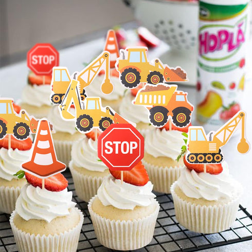 36 PCS Construction Cupcake Toppers Stop Sign Dump Truck Excavator Tractor Party Cake Food Picks for Baby Shower