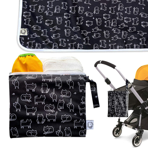 Flockthree Waterproof Baby Diaper Changing Pad with Storage Bag (28.7" X 19.7") Washable Wipeable Reusable Leak Proof Diaper Travel Mat Station Changing Mattress Liner Cribs Bed Cover, Cats