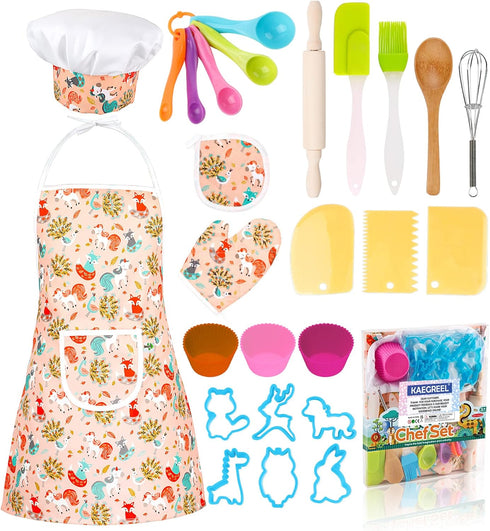 KAEGREEL Kids Baking Chef Set with Unicorn Apron and Mitt, 26pcs Kitchen