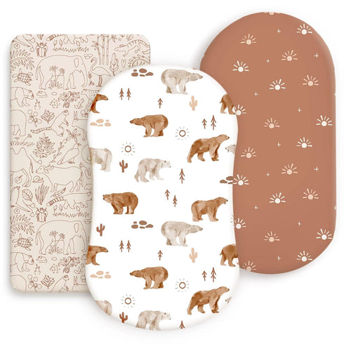 GRSSDER 3 Pack Stretchy Ultra Soft Bassinet Sheet, Universal Fit for Baby Cradle, Moses Basket, Stylish Print of Sunny