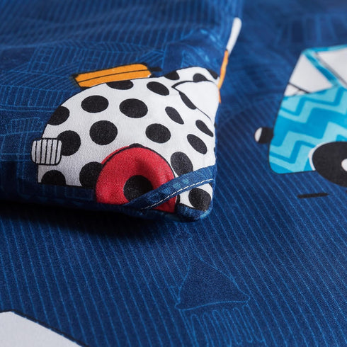 Set 4 Caressma Navy Toddler Bedding Bed-in-a-Bag Pieces, Soft Microfiber Kids Comforter with Cars,Buses & Traffic