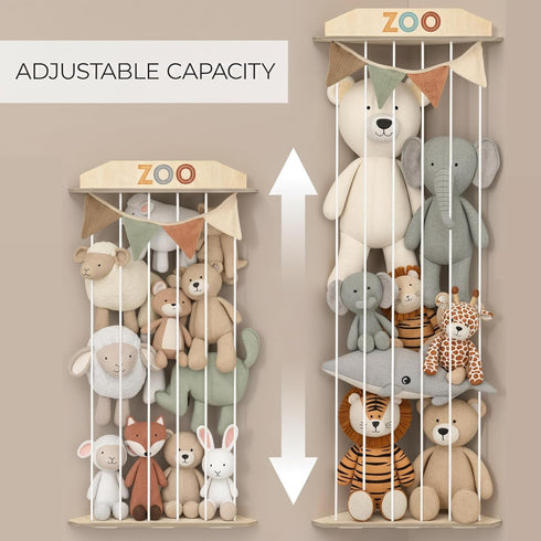 Stuffed Animal Storage Zoo with Decorative Muslin Garland - Cute Wooden Toy Storage Organizer for Kids Playroom