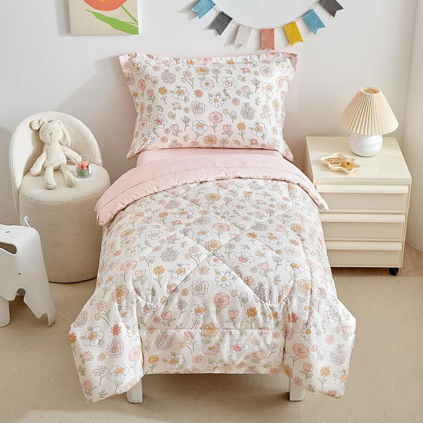 DuShow Floral 4 Piece Girls Toddler Bed Comforter Set Pink Flower Reversible