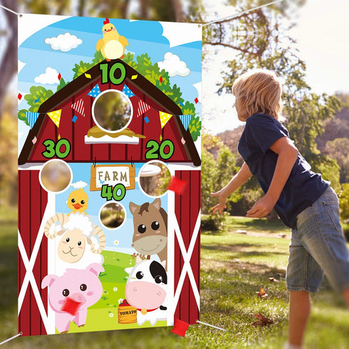 Farm Animals Toss Game with 3 Nylon Bean Bags, Indoor and Outdoor Party Game for Kids, Farmer Theme Decorations