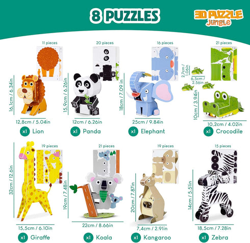 BONNYCO 3D Puzzles for Kids Toys Pack 8 - Educational Jungle Animals 3D Puzzle for Boys and Girls, Birthday Gifts
