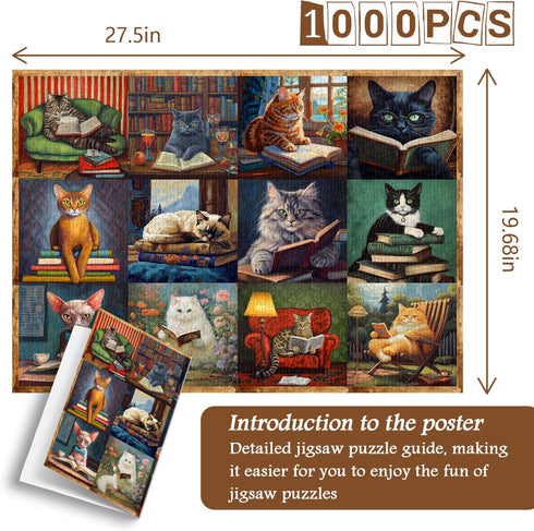 PICKFORU Vintage Cat Puzzles for Adults 1000 Pieces, Funny Cat Books Collection Retro Animal Puzzle