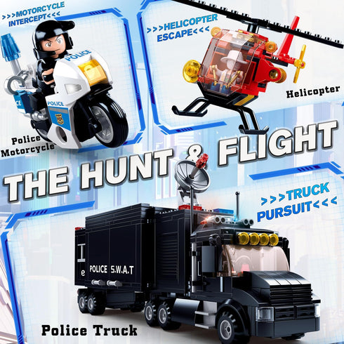 Set, Command 6+, 540 City Police Chase Building SWAT Mobile Police Truck Building Toy with Helicopter & Police