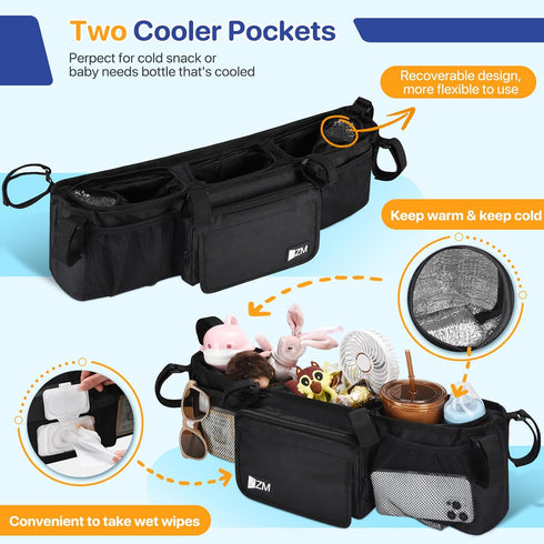 ZZM Double Stroller Organizer for Bob Duallie and Baby Jogger City Mini GT2, Double Baby Stroller Accessories