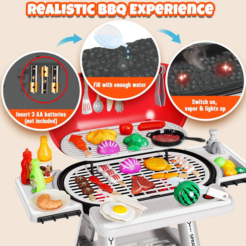 Playset 2-Layer Set,Indoor 3 4 5 6 7 8 Kids Grill Play Kitchen Toys, Kids BBQ Grill Kitchen with Smoke, Sound & Light