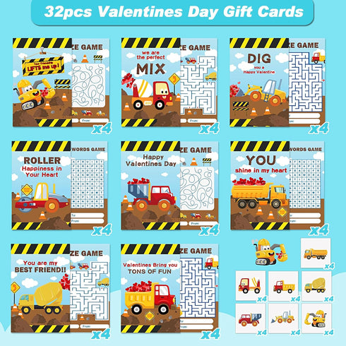 32 Pack Sets Valentines Day Gifts for Kids, Trucks Valentines Day Cards for Kids with Construction Vehicles Toys, Pull