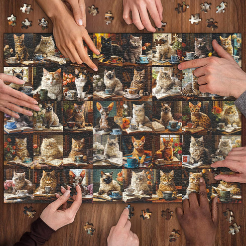 Cat Puzzles for Adults 1000 Pieces, Vintage Animal Collage Jigsaw Puzzle with 40 Coffee Book Cats