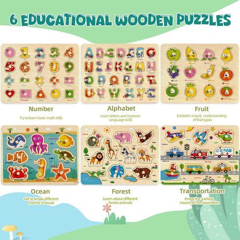 2-4, 6 Pack 1-3 3-5 Wooden Peg Puzzles for Toddlers Educational Peg Puzzles Montessori Toys, Learning Puzzles for Kids