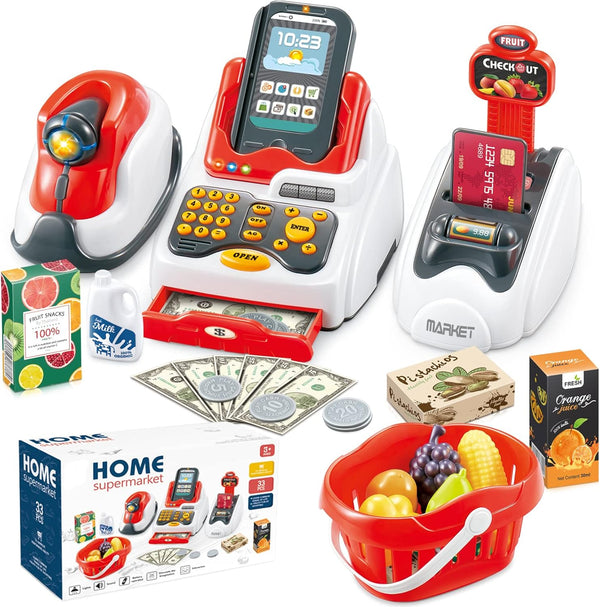 yoliyogo Pretend Play Cash Register Toy Role Play Shopping Cashier Playset with Scanner