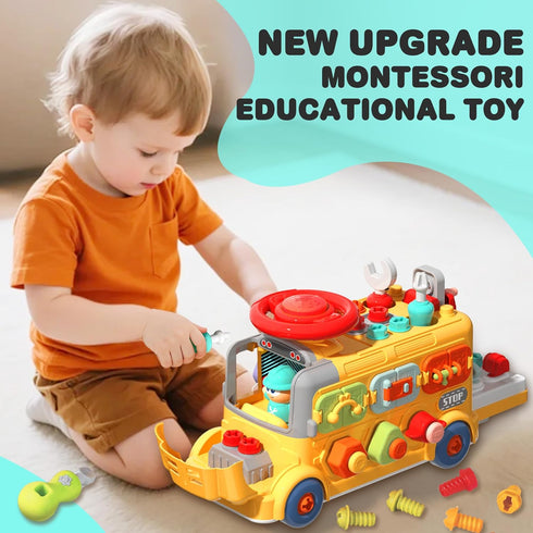 3 4 5 iPlay, iLearn Toddler Busy Bus Toy, Kids Take Apart School Bus W/Tools, Steering Wheel & Gears, Push Go Assemble