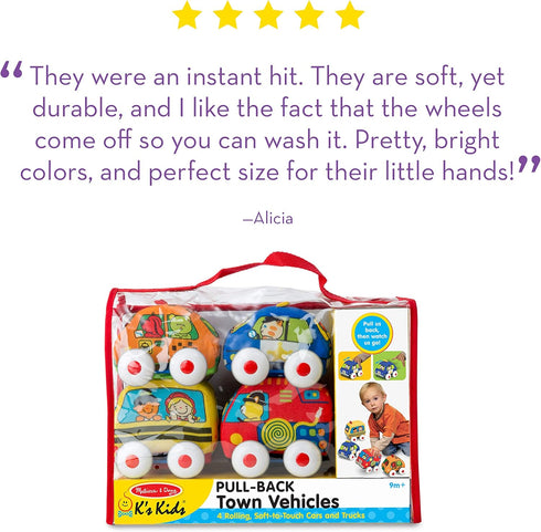 Melissa & Doug K's Kids Pull-Back Vehicle Set - Soft Baby Toy Set with 4 Cars and Trucks