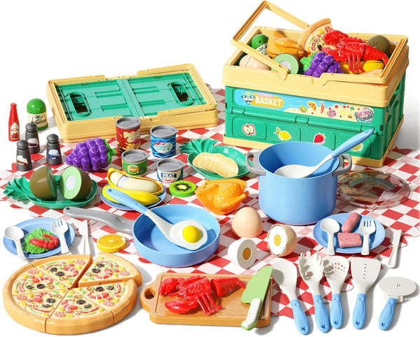 Funpynani 80Pcs Kitchen Playset, Toddler Pretend Cooking with Pots, Pans, Cookware, Food, Picnic