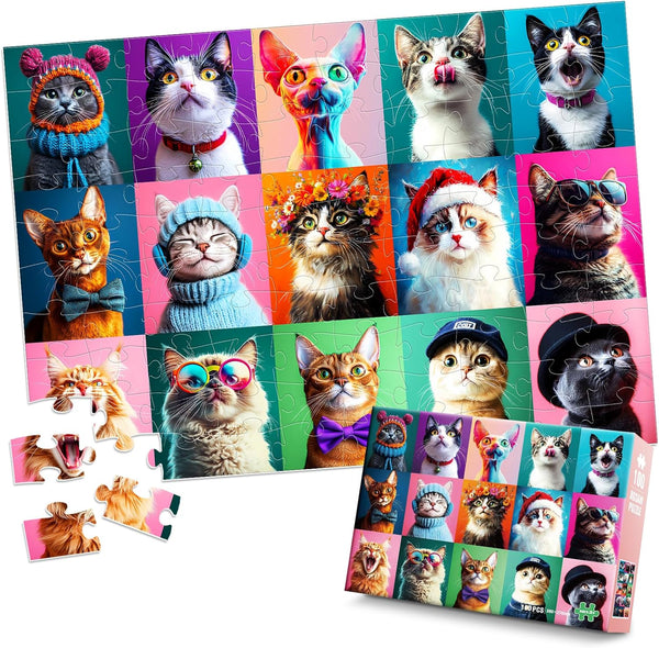 BraniacBits 100 Piece Puzzles Multicolor Fun Cats, Large Piece Jigsaw Puzzle for Kids