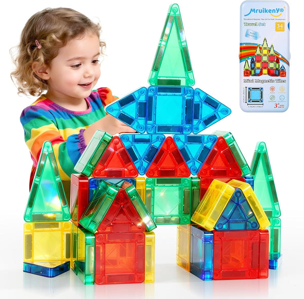 Mruikeny Mini Magnetic Tiles Travel Toddler Toys, Portable Travel Magnetic Tiles Kids