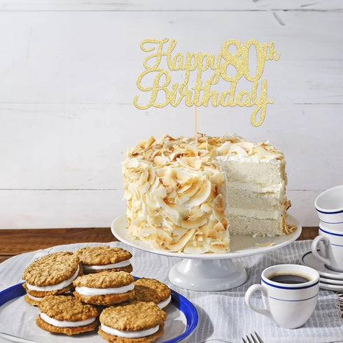 Gyufise 1Pc Gold Happy 80th Birthday Cake Topper, Glitter Cheers to 80 Years Old Cake Decorations