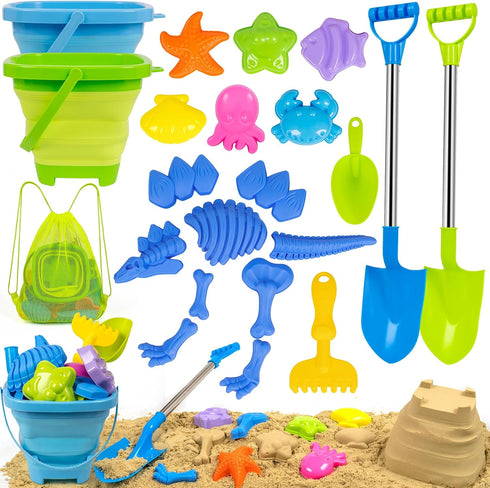 Beach Sand Toys Set Includes Collapsible Buckets 2 Big Size Sand Shovels,