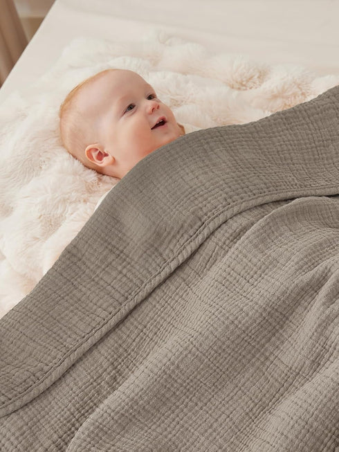 4-Layer 40"X40", TILLYOU Muslin Swaddle Blanket Soft Baby Blanket for Girls Boys, Cotton Swaddle for Newborns Grey