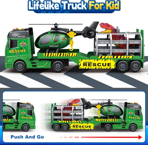 3 4 5 6 7 23" Bstoyder Toddler Boy Toys for Years Kids, Semi Flatbed Truck Toy with a Dinosaure Truck, Friction Powered