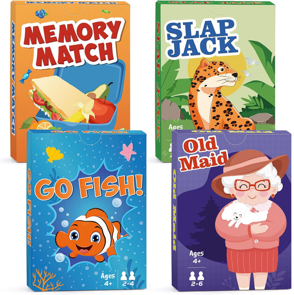 Classic Card Games for Kids - Go Fish, Old Maid, Slap Jack, Memory Match - 4 Decks in 1 Pack for Ages 4+