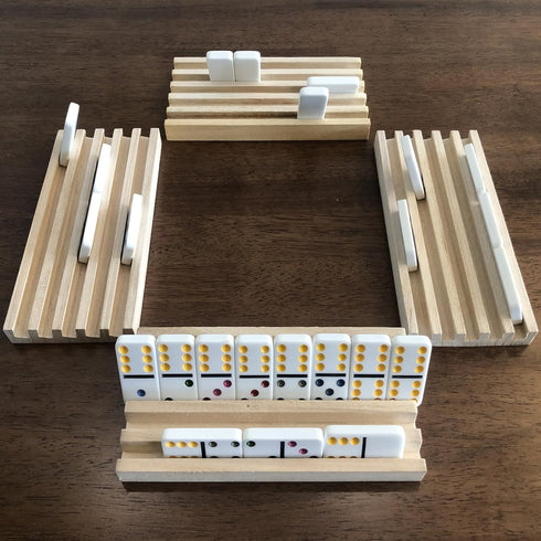 Yuanhe Domino Holder Trays Rack, Set of 4 Wooden Tiles Stand Holders for Mexican Train Rummy