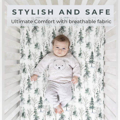 Pobi Baby Premium Fitted Crib Sheets, Stylish Woodland Pattern, Ultra-Soft Cotton Blend, Safe for Standard Crib